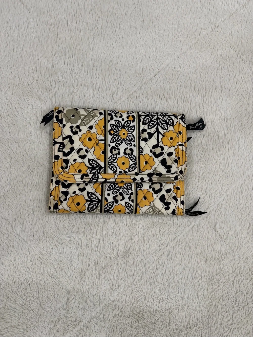 Vera Bradley Yellow Black and Cream Quilted Floral Fold-Over Cosmetic Wallet